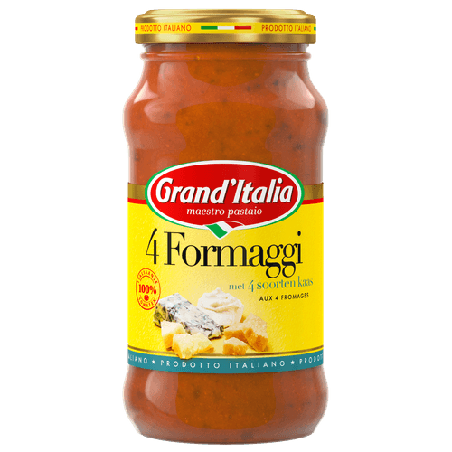 Foto van Grand'Italia Pastasaus 4 formaggi op witte achtergrond