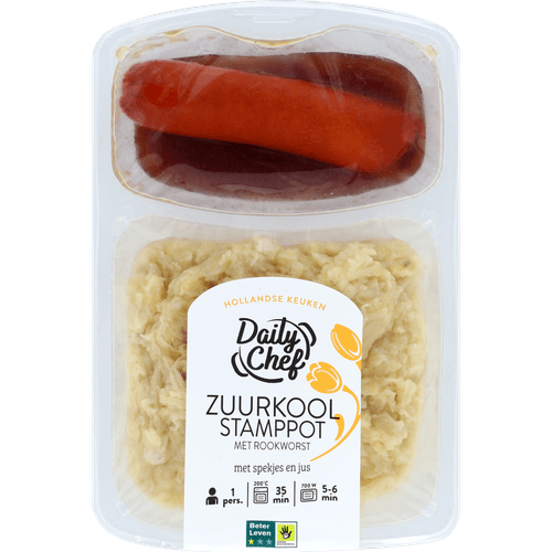 Foto van Daily Chef Zuurkool stamppot met rookworst op witte achtergrond