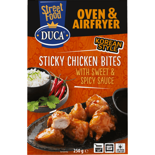 Foto van Duca Sticky chicken bites sweet&spicy op witte achtergrond