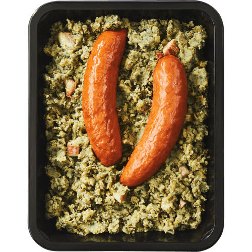 Foto van DekaMarkt Boerenkool met 2 rookworsten op witte achtergrond