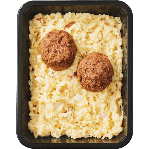 Foto van DekaMarkt Zuurkool met gehaktbal op witte achtergrond