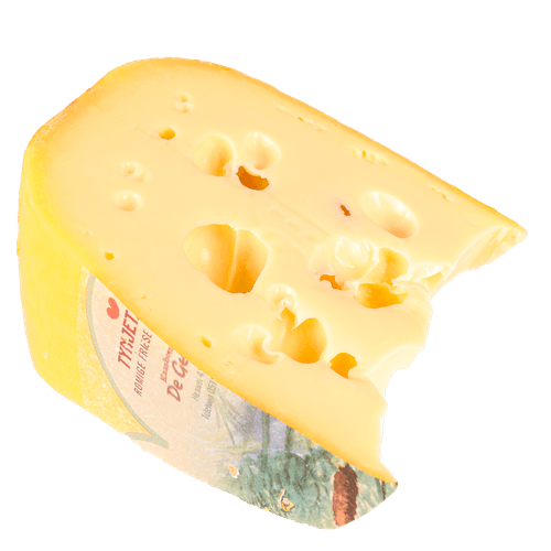 Foto van DekaVers Tynjetaler gatenkaas gesneden op witte achtergrond