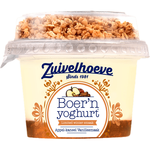 Foto van Zuivelhoeve Boern yoghurt muesli vanille-appel-kaneel op witte achtergrond