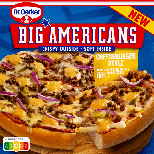 Foto van Dr. Oetker Pizza big americans cheese burger op witte achtergrond