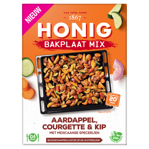 Foto van Honig Bakplaat mix mex. courgette & kip op witte achtergrond