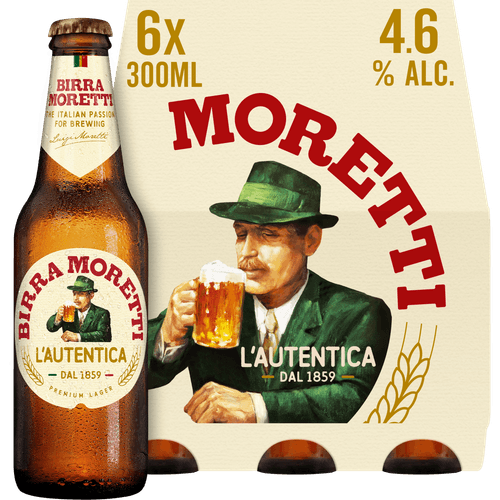 Foto van Birra Moretti Pilsener premium op witte achtergrond