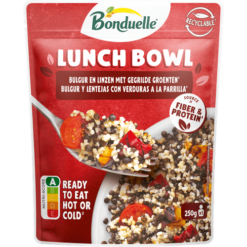 Foto van Bonduelle Lunch bowl linzen bulgur paprika op witte achtergrond