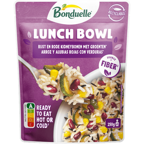 Foto van Bonduelle Lunch bowl kidneybonen mais groente op witte achtergrond