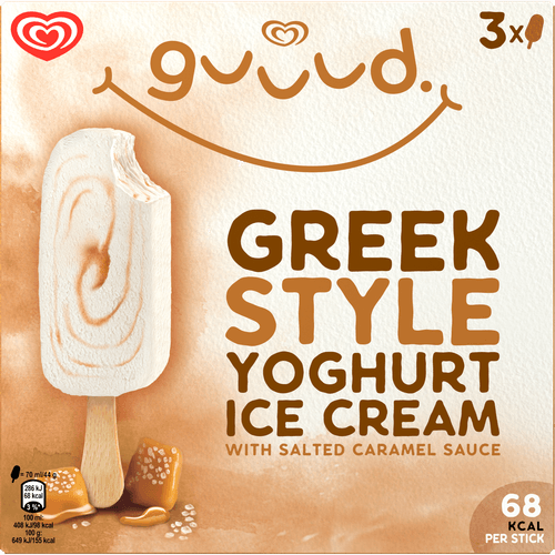 Foto van Ola Greek yoghurt salted caramel op witte achtergrond