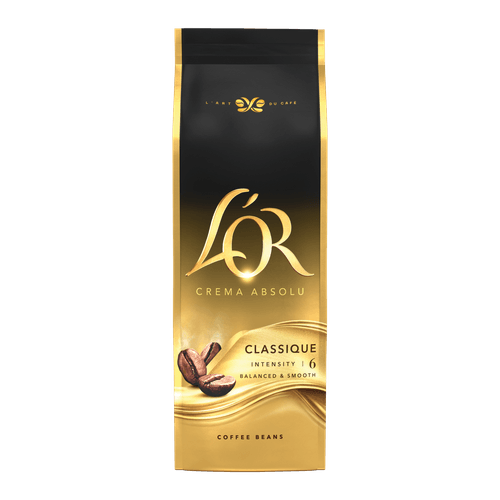 Foto van L'OR Crema Classique koffiebonen op witte achtergrond