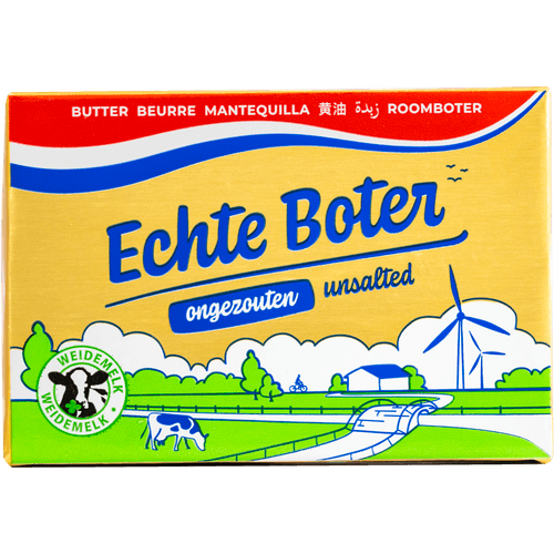 Foto van Echte Boter Boter ongezouten op witte achtergrond