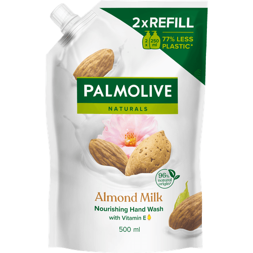 Foto van Palmolive Handzeep amandel navulling op witte achtergrond