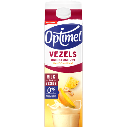 Foto van Optimel Drinkyoghurt vezels mango ananas op witte achtergrond