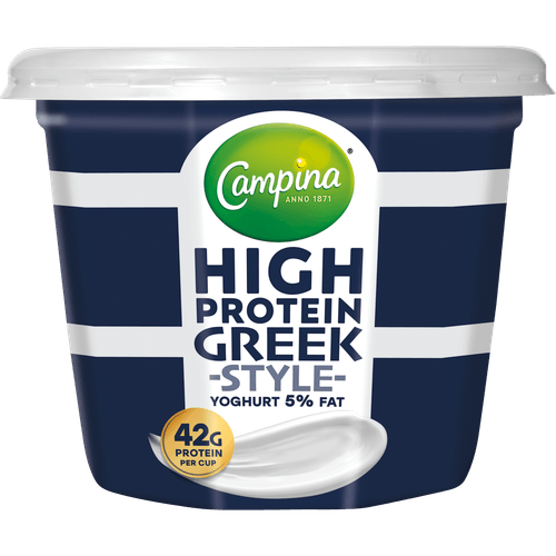Foto van Campina High protein greek yoghurt 5% vet op witte achtergrond