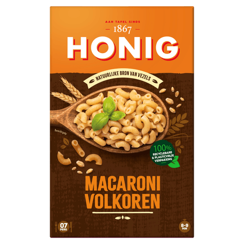 Foto van Honig Macaroni volkoren op witte achtergrond