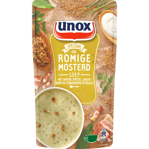 Foto van Unox Soep in zak romige mosterdsoep op witte achtergrond