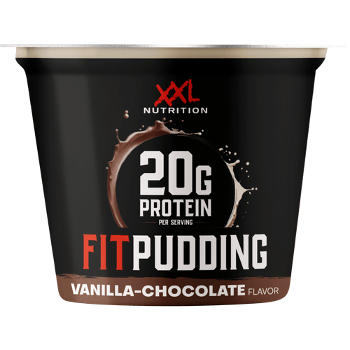 Foto van XXL Fit Protein pudding vanille chocolade op witte achtergrond