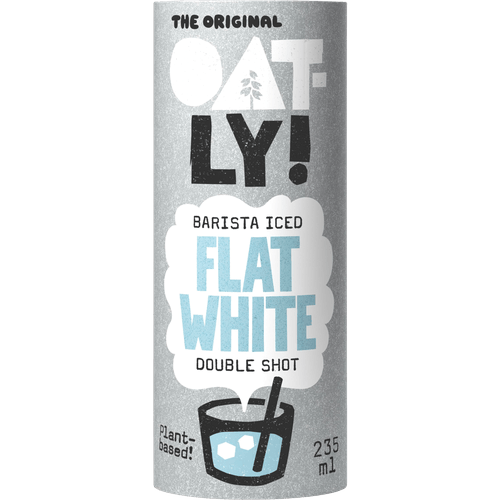Foto van Oatly Ijskoffie barista iced flat white op witte achtergrond