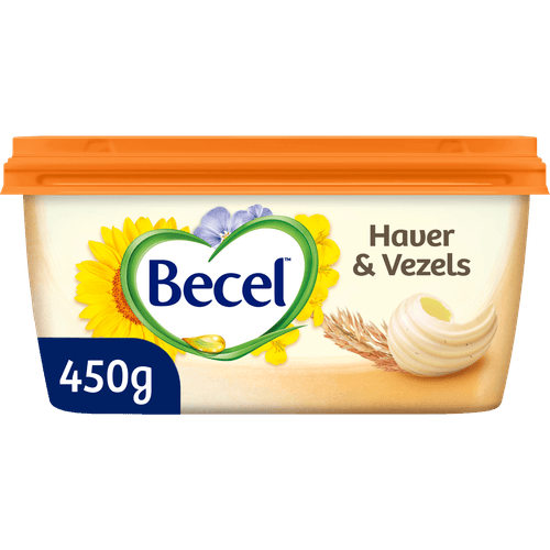 Foto van Becel Halvarine met haver en vezels op witte achtergrond