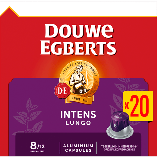Foto van Douwe Egberts Lungo Intens koffiecups voordeelpak op witte achtergrond