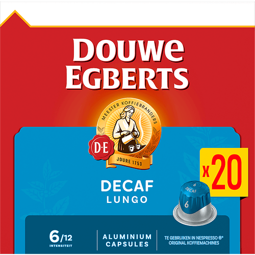 Foto van Douwe Egberts Koffiecups lungo decaf sterkte 6 op witte achtergrond