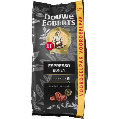Foto van Douwe Egberts Koffiebonen espresso sterkte 9 op witte achtergrond