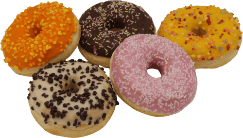 Foto van Donuts diverse toppings op witte achtergrond