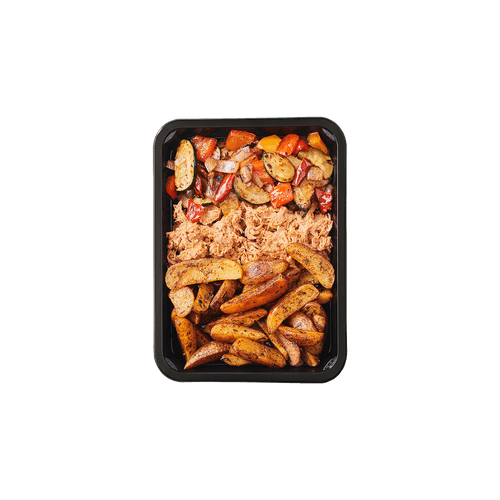 Foto van Exclusief aardappelpartjes pulled pork op witte achtergrond