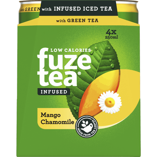 Foto van Fuze tea Ice tea green mango-chamomile 4x25 cl op witte achtergrond