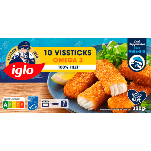 Foto van Iglo Vissticks omega 3 10 stuks op witte achtergrond