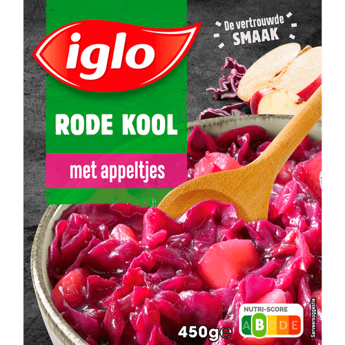 Foto van Iglo Rode kool met appel deelblokjes op witte achtergrond