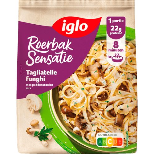 Foto van Iglo Roerbaksensatie tagliatelle bospaddenstoelen op witte achtergrond