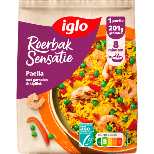 Foto van Iglo Roerbaksensatie Spaanse paella op witte achtergrond
