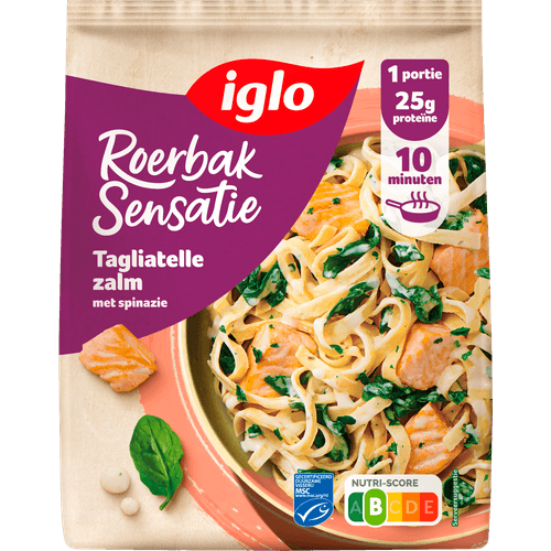 Foto van Iglo Roerbaksensatie tagliatelle zalm op witte achtergrond