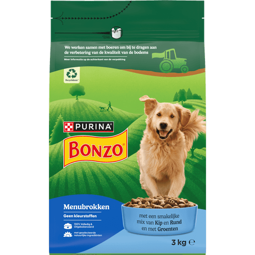 Foto van Bonzo Hondenvoer adult kip-groenten op witte achtergrond