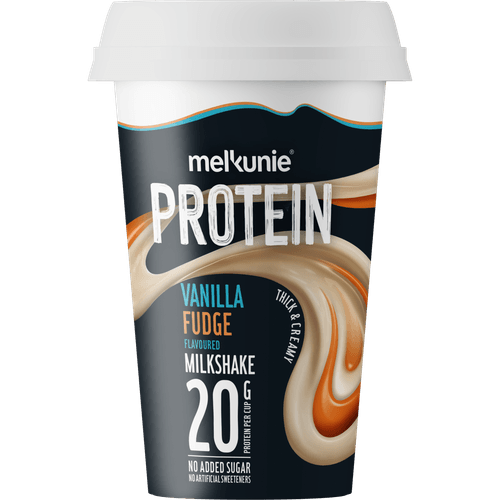Foto van Melkunie Milkshake protein vanille fudge op witte achtergrond