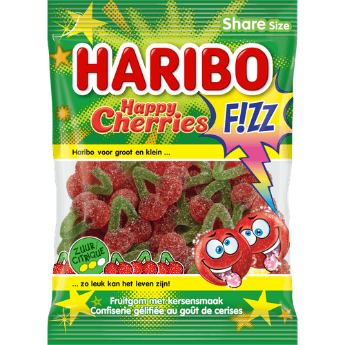 Foto van Haribo Happy cherries fizz op witte achtergrond
