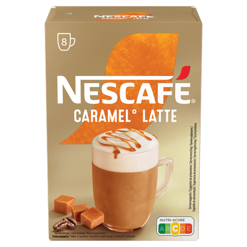 Foto van Nescafé Oploskoffie caramel latte 8 koppen op witte achtergrond