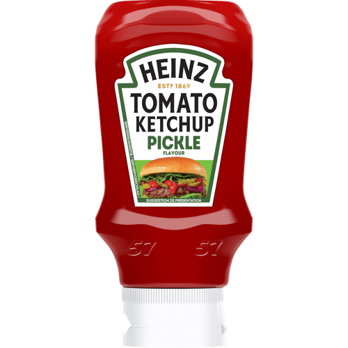 Foto van Heinz Tomatenketchup met augurksmaak op witte achtergrond