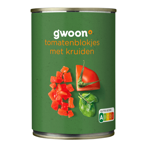 Foto van G'woon Tomatenblokjes met kruiden op witte achtergrond