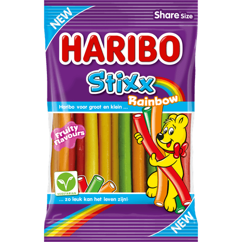 Foto van Haribo Stixx rainbow op witte achtergrond