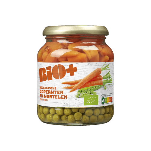 Foto van Bio+ Doperwten en wortelen extra fijn op witte achtergrond