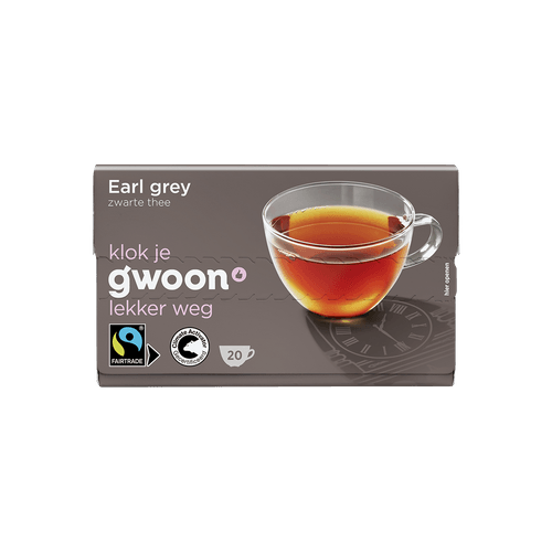 Foto van G'woon Zwarte thee earl grey 20 zk. op witte achtergrond