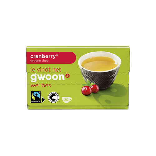 Foto van G'woon Groene thee cranberry 20 zk. op witte achtergrond