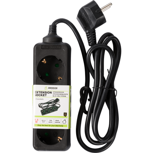 Foto van Stekkerdoos 3-voudig ra 1.5m zwart op witte achtergrond