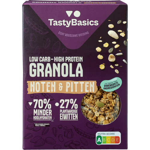 Foto van TastyBasics Granola noten en pitten op witte achtergrond