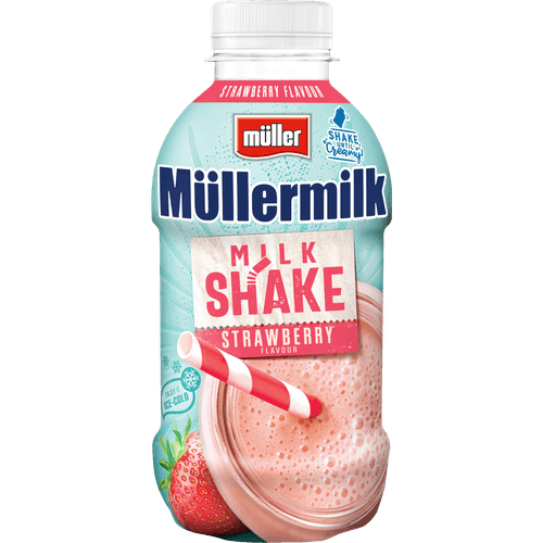 Foto van Müllermilk Milkshake aardbei op witte achtergrond