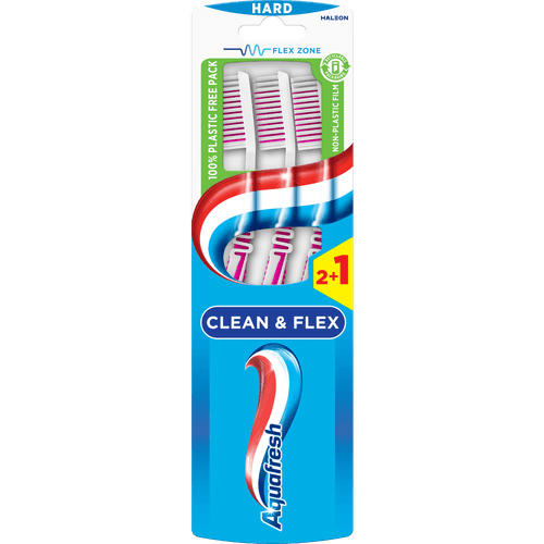 Foto van Aquafresh Tandenborstel clean & flex hard 2+1 op witte achtergrond