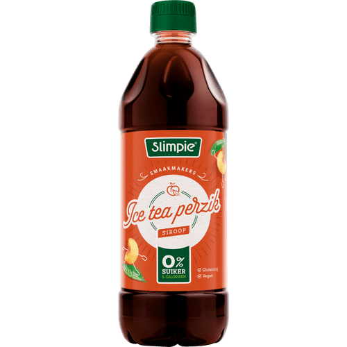 Foto van Slimpie Limonadesiroop ice tea peach 0% op witte achtergrond