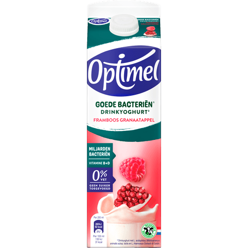 Foto van Optimel Drinkyoghurt goede bacteriën framboos granaatappel op witte achtergrond